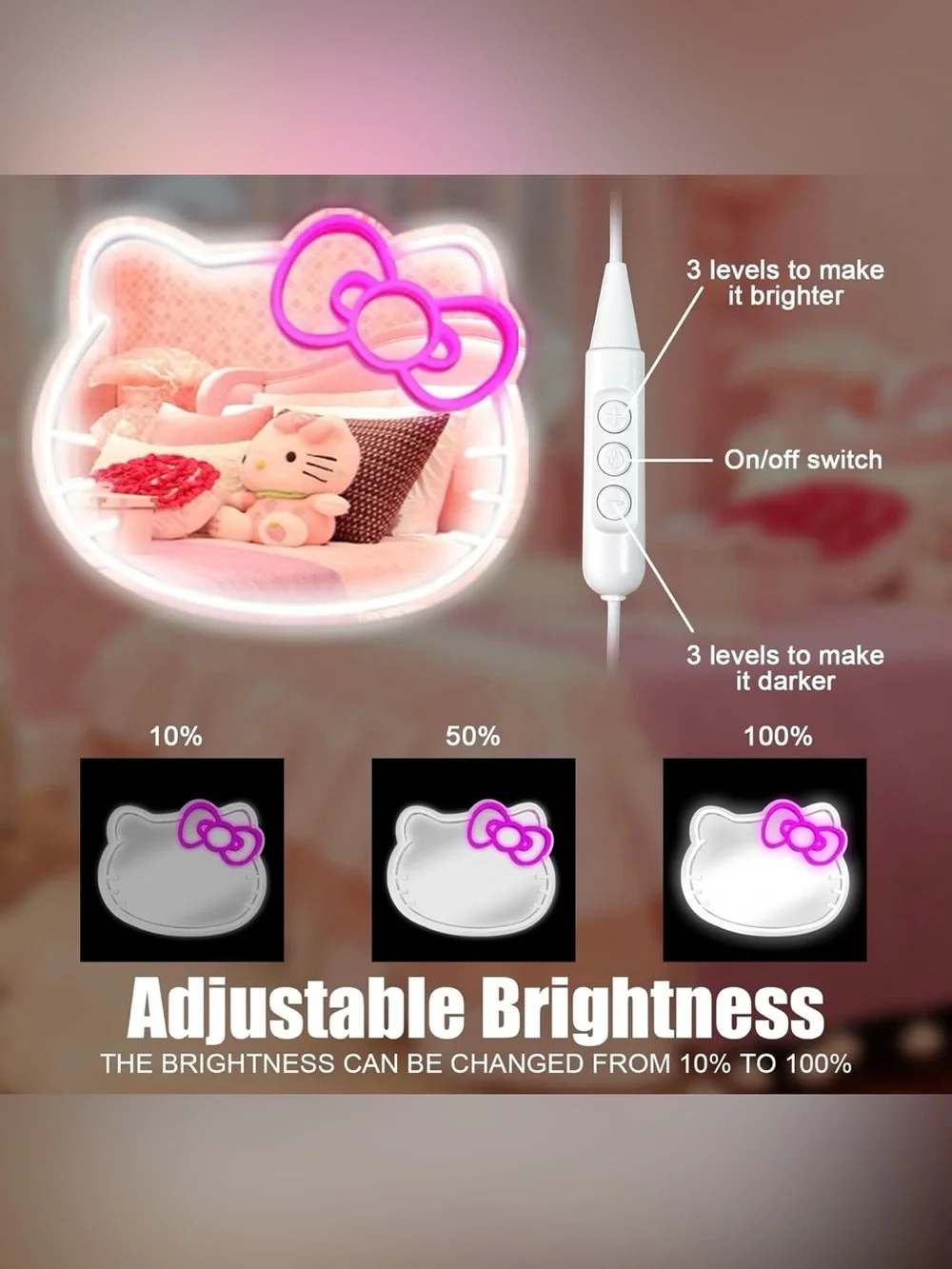 Hello Kitty LED Neon Wall Mirror Light Pink Bow – Adjustable Brightness